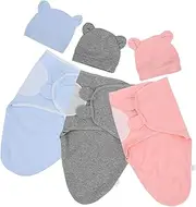NOLITOY 3Sets Newborn Sleep Sacks with Hats Soft Cotton Swaddle Wraps for Boy Girl Versatile Nursery Blankets Secure Breathable Receiving Blankets for Newborns