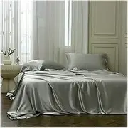 Satin Flat Sheet Only Twin Queen King Extra Soft Washed Silk Bed Top Sheets Summer Skin-Friendly High-Grade Silky Smooth Sheet(Light Gray,230x250cm+48x74cm x2)