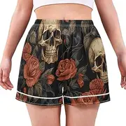 [RPLIFE] Retro Skulls Red Roses Flowers Women Sleep Shorts, Women's Lounge Shorts, Comfy Women Summer Pajamas