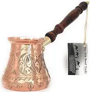 The Silk Road Trade - PC Series - Thickest Solid Copper Turkish Greek Arabic Coffee Pot, Heavy Duty Engraved Body Hammered Bottom with Wooden Handle, Stovetop Coffee Maker Jazzve Cezve Ibrik Large Copper