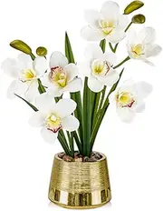 Artificial Flowers Cymbidium in Gold Ceramic Pot Artificial Plant Orchids Decorative Flowers Artificial Flowers Like Real with Real Touch Flowers Table Decoration Window Sill Decoration White
