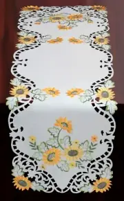 Sunflower Table Runner 15x53" Embroidered Cutwork Dresser Scarf White Fall Decor