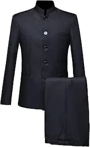 [Aosufei] Men's Button Up 2 Piece Solid Suit Set Floral Slim Fit Wedding Dress Suits Stylish Stand Collar Blazer Pants Sets, Black1, Medium