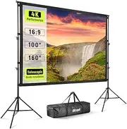 OTREST 100” Projector Screen with Stand, Wrinkle Free Polyester 16:9 4K HD Rear Front Movie Screen with Sandbags, Indoor Outdoor Portable Telescopic Projection Screen for Home Theater, Outdoor Movie