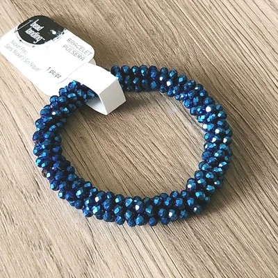 Woven Glass Beads Crystal Stretch Bracelet Bangle Bead Landing NWT NOS Blue