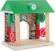 Wooden Railway Station, Wooden Railway Toy Train Set Wooden Train Track Railway Building Scene Layout Accessory for Kids Boys and Girls