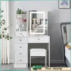 Modern Dressing Table Dressing Desk + Stool and LED Lighted Makeup Mirror White