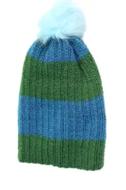 Hatattack Womens Crochet Knit Striped Faux Fur Pom Beanie Hat Green Blue OS