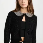 New Alice + Olivia XS Akira Embellished Black Collar Cardigan Sweater MSRP $595