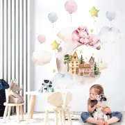 Pink Sleeping Unicorn Star Balloon Flowers Wall Fabric Decal Sticker Decor