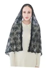 Catholic Chapel Veil – Floral Mantilla Head Covering for Church, Prayer, Black