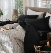 Bedding Sheet Set 100% Washed Cotton Linen Like Textured Queen Black