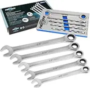 FIRSTINFO F3432SA SAE Spline Box End 72T Ratcheting Combination Wrench Set, 5-piece Spanners with Anti-Slip Open End, Mechanics Tray
