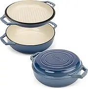 Gennua 3.3-Quart Enameled Cast Iron Braiser with Grill Lid - Small Dutch Oven and Stovetop Grill Pan