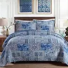 100% Cotton Bedspread Coverlet Set (3Pcs) - Blue Patchwork Quilt
