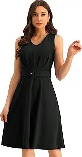 [Allegra K] Sleeveless Work Dresses for Women's V-Neck below Knee Length Belted A-Line Dress