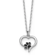 Sterling Silver Rhodium-plated Heart with Black Enameled Paw Print 16 inch wi...