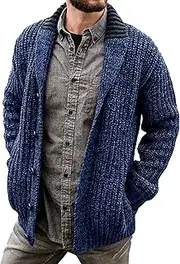 [SWJGLITTR] Men's Shawl Collar Button Cardigans Button up Slim Fit Cable Knit Sweater Loose Fit Long Sleeve Male Cardigan, Blue, Medium