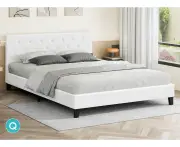 ALFORDSON Bed Frame Queen Size Wooden Base Platform Leather White MADELYN