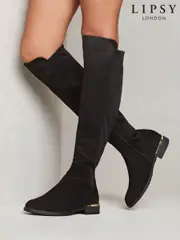 Lipsy Black Standard fit Elastic Flat Knee High Long Faux Suede Boots (AG6932) | $52
