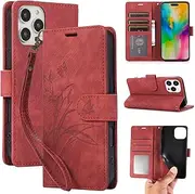 [HAOFUGUI] for Oppo A17 / A17K 4G Case Wallet, with Card Holder Kickstand Wrist Strap PU Leather Case, Flowers Shockproof Flip Cover-Red