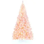 Costway 2.2M Snow Flocked Christmas Tree w/1100 Branch Tips 450 LED Lights Indoor Hinged Christmas Tree Pink