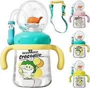 Whale Fountain Tumbler with Handle,2025 New 300ml Drinking Cup with Fun Fountain Effect,Spill Proof Cute Water Bottle with Lids and Straws,Tritan Straw Cups for Home, School, or Travel (Green)