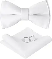 [HOULIFE] Men's Bow Tie Set - Adjustable Velvet Bow Tie, Pre-Tied Bow Tie, Plain Hanky Cufflinks Set for Groom Wedding Formal with Gift Box (Double Layer Bow Tie)