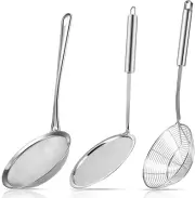 3-Piece Stainless Steel Spider Strainer Set with Handle, Fine Mesh Food Strainer