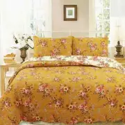 NEW! ~ ROMANTIC SHABBY CHIC FRENCH PINK GREEN LEAF BROWN YELLOW ROSE QUILT SET