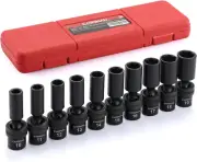 10 PCS 3/8" Drive Deep Standard Universal Impact Socket Set, 6 Point, CR-MO, Met