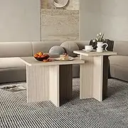 Modern Coffee Tables, Fluted Nesting Coffee Table Set of 2, Wood Grain Color end Table, Square Coffee Tables for Living Room, Wooden Coffee Table Combination(Oak)