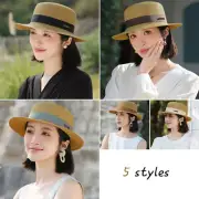 Women's French Flat Topped Panama Straw Hat Travel Seaside Sunshade Hat.