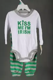Carter's Infant Two Piece Pant Set "Kiss Me I'm Irish" White Green 12 M Cotton