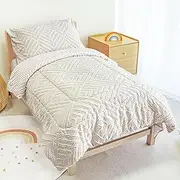 TinyPalsa Toddler Bedding Set, 4 Pieces Boho Beige Tufted for Spring Fall and Winter, Includes Plush Minky Fabric Comforter, Flat and Fitted Sheet, Reversible Pillowcase for Girls and Boys