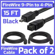 2 Pack FireWire 800 to 400 Cable 15ft IEEE1394b 9-Pin to 1394a 4-Pin Cord Black