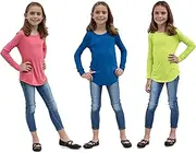 [KIDPIK] Girls Tops - 3pk Long Sleeve Ribbed Tee Shirt Set for Fall in Black, Blue, Cream White, Purple, Neon Lime Green, Coral Red & More