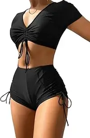 [Lilosy] High Waisted Tummy Control Drawstring Bikini Set Srting Swimsuit Short Sleeve Top and Tie Side Shorts 2 Piece, Shorts Black, Medium
