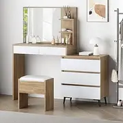 ALFORDSON Dressing Table and Makeup Stool Set Wood White Colour, Vanity Desk with Mirror, Drawers and Chest Cabinet, Dresser Organiser for Women Bedroom Dress Room