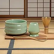 Alliebe Matcha Making Kit,4PCS Matcha Kit,Cyan Whisk and Bowl,Ceramic Set,Exquisite and Elegant Including Bowl, Stirrer,Tea Whisk,Tea Spoon,for Tea Culture Lovers to Enjoy