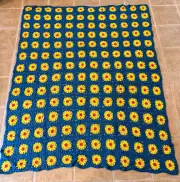 New Handmade Crochet 58x73" XL Afghan Throw Queen Bed Yellow Daisies on Teal Sqs