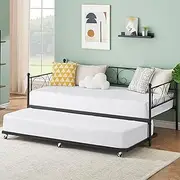 Twin Daybed with Trundle, Metal Sofa Single Bed Frame with Heavy Duty Metal Slats & Stylish Headboard, No Box Spring Needed, Multifunctional Platform Bed for Bedroom Living Room Guest Room, Black