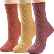 [COTTON DAY] Women's Soft Combed Cotton Colored Fine Ribbed Trouser Dress Socks 3 Pack, Mauve/Mustard/Rust, 6-9