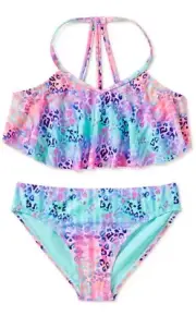 Wonder Nation Girls Animal Print Flounced Bikini Swimsuit Size 6 6x Neon Ombré