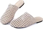 [Mtzyoa] Women Flat Sandals Mesh Knit Hollow Braided Summer Breathable Openwork Cushioned Non Slip Slip-On Dressy Casual Vacation Bohemian Cute Slides