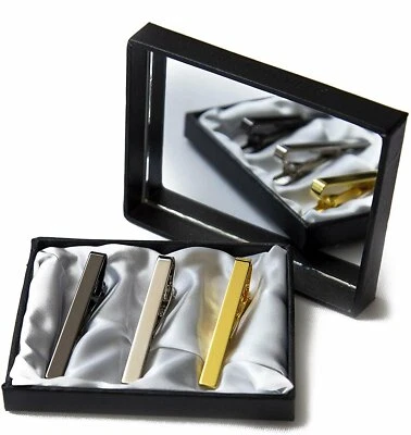 3pc Mens Tie Bar Clip for Regular Necktie, Gold Silver Black with Luxury Gift...