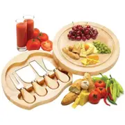 Round Bamboo Charcuterie Board and Knife Set with Slide-Out Drawer, Wooden Cheese Board with Cutlery Cutting Set for Housewarming