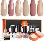Modelones Nail Polish Set 3 Colors Nude Brown Glitter Quick Dry Nail Polish Base & Top Coat + Remover Pads Neutral Skin Tone Mini Starter Kit Manicure DIY Nail Art Salon Home Gift For Women Girl