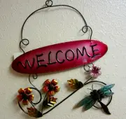 DRAGONFLY WELCOME SIGN METAL METALLIC TURQUOISE COLORED YARD ART GARDEN DECOR