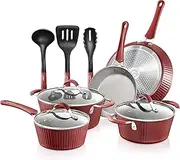 Non-Stick Kitchenware Pots & Pans - 11 Pcs. Stylish Kitchen Cookware Set w/ Elegant Lines Pattern,Gray Inside & Red Outside, Metal + Silicone Handle, PTFE/PFOA/PFOS Free - NCCW11RDL